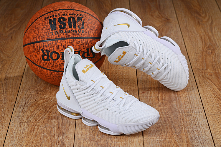 Men Nike LeBron James 16 White Gold Shoes - Click Image to Close